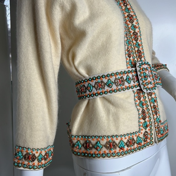 Elsie Tu Hong Kong Sz M Soft Wool Beaded Fully Lined Cardigan Sweater with Belt - Picture 2 of 14
